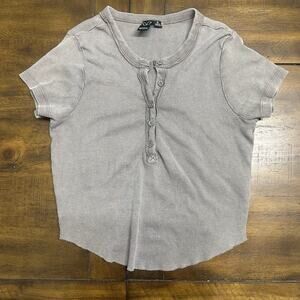 Windsor Ribbed Henley Crop Top Gray Short Sleeve Button Front Women’s M Baby T